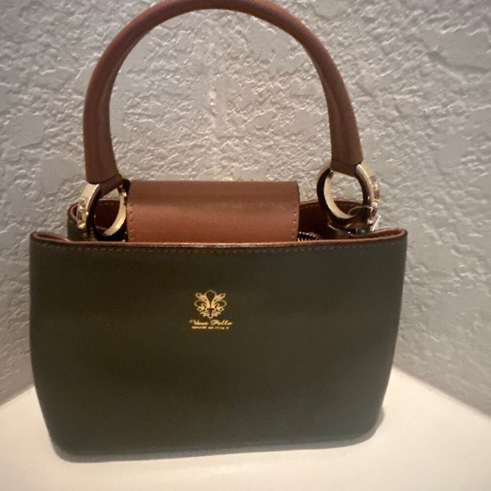 Vera Pelle Two Way Mini Bag Green Camel Brown Leather Colorblock Old Money NWT